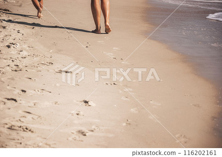 The legs of the whole family are running along the seashore and copy space. summer sea background. The legs of the whole family are running along the seashore and copy space. summer sea background. 116202161