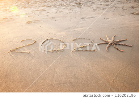 Happy New Year 2025 on the sea sand. Summer sea background. Happy New Year 2025 on the sea sand. Summer sea background. 116202196