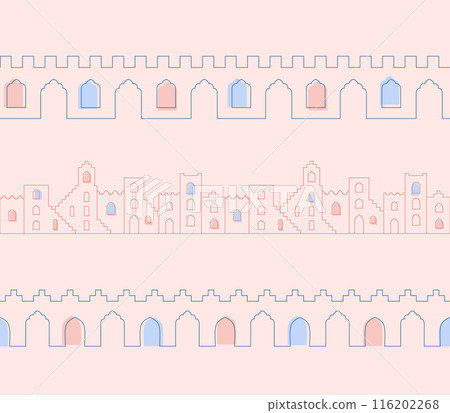 Arabian muslim city wall with oriental patterned top. Flat line ornamental seamless border with windows, arches, gates. 116202268