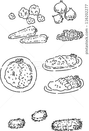 Illustration set of various curry rice and ingredients - line only 116202277