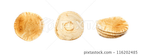 Wheaten Pita Flat Bread Isolated, Flatbread, Chapati, Naan, Tortilla on White Background Wheaten Pita Flat Bread Isolated, Flatbread, Chapati, Naan, Tortilla on White Background 116202485