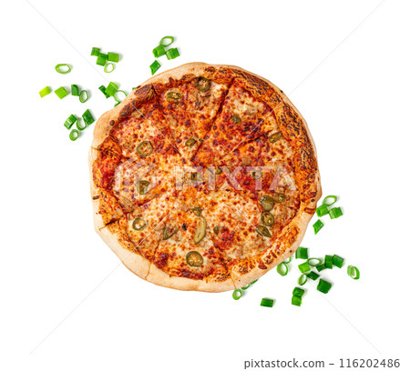 Italian Pizza Isolated, Ham Pizza with Green Hot Pepper, Chili Pepper and Mozzarella Cheese Italian Pizza Isolated, Ham Pizza with Green Hot Pepper, Chili Pepper and Mozzarella Cheese 116202486