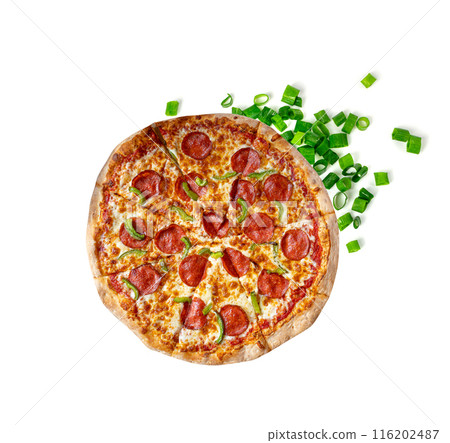 Pepperoni Pizza Isolated, Salami Pizza with Green Paprika, Chili Pepper and Mozzarella Cheese Pepperoni Pizza Isolated, Salami Pizza with Green Paprika, Chili Pepper and Mozzarella Cheese 116202487