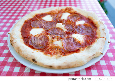 Pepperoni Pizza on Restaurant Plate, Salami Pizza with Olives, Tomatoes and Mozzarella Cheese Pepperoni Pizza on Restaurant Plate, Salami Pizza with Olives, Tomatoes and Mozzarella Cheese 116202488