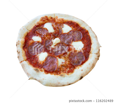 Pepperoni Pizza on Restaurant Plate, Salami Pizza with Olives, Tomatoes and Mozzarella Cheese Pepperoni Pizza on Restaurant Plate, Salami Pizza with Olives, Tomatoes and Mozzarella Cheese 116202489