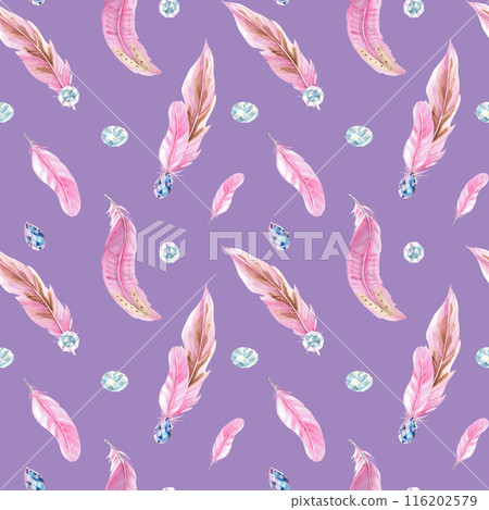 Watercolor Seamless Pattern with Pink Feathers and Jewelry Crystals or Beads on violet, purple or lila background. Hand drawn watercolor illustration. Can be used for fabric, textile and packaging 116202579