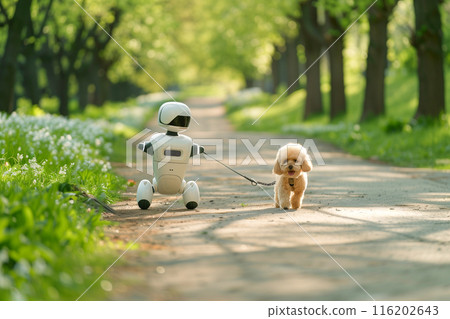 Pet robot taking a toy poodle for a walk_1 Pet robot taking a toy poodle for a walk_1 116202643