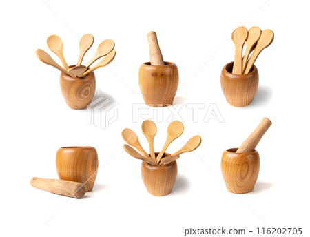 Wooden Mortar Isolated, Wood Pounder and Pestle, Empty Mortar Bowl, Vintage Kitchen Equipment 116202705