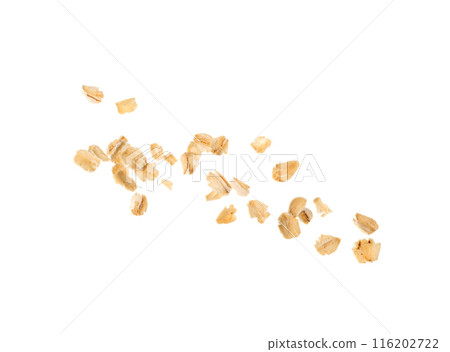 Dry Raw Oat Flakes Isolated on White Background. Rolled Flat Grains of Wheat, Bran, Barley, Rye Cereals 116202722