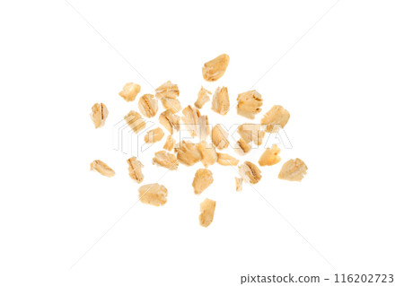 Dry Raw Oat Flakes Isolated on White Background. Rolled Flat Grains of Wheat, Bran, Barley, Rye Cereals Dry Raw Oat Flakes Isolated on White Background. Rolled Flat Grains of Wheat, Bran, Barley, Rye Cereals 116202723