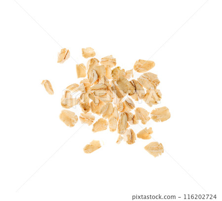 Dry Raw Oat Flakes Isolated on White Background. Rolled Flat Grains of Wheat, Bran, Barley, Rye Cereals 116202724