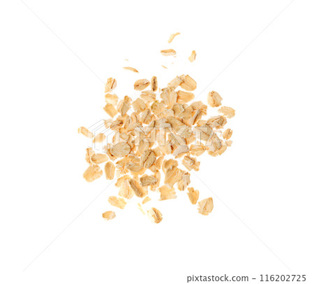 Dry Raw Oat Flakes Isolated on White Background. Rolled Flat Grains of Wheat, Bran, Barley, Rye Cereals Dry Raw Oat Flakes Isolated on White Background. Rolled Flat Grains of Wheat, Bran, Barley, Rye Cereals 116202725