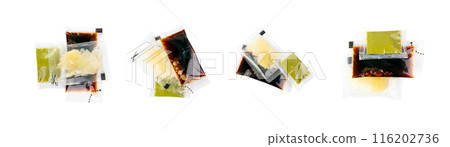 Sushi Sauces Set Isolated with Wasabi Sauce, Pickled Ginger, Soy Souse Teriyaki in Square Plastic Bags 116202736