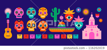 Day of the Dead, Dia de los Muertos, Collection of elements, icons for Mexican holiday. Vector 116202819