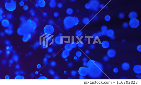 Abstract blue glowing background with flying balls circles atoms molecules particles energy bubbles 116202828