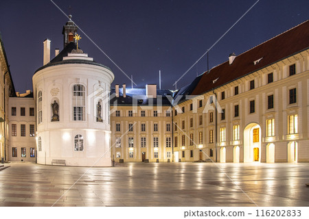 Chapel of the Holy Cross on Second Courtyard of Prague Castle by night, Prague, Czech Republic. 116202833