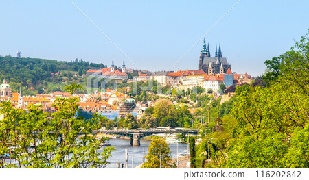 A panoramic view of Prague Castle and Strahov Monastery from Letna Gardens, with a bridge in the foreground and lush green trees framing the scene. 116202842