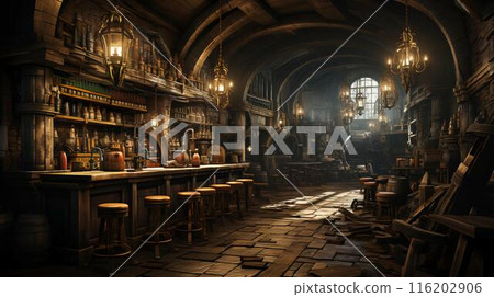 Wine bar tavern with wooden oak barrels with beer and wine Wine bar tavern with wooden oak barrels with beer and wine 116202906