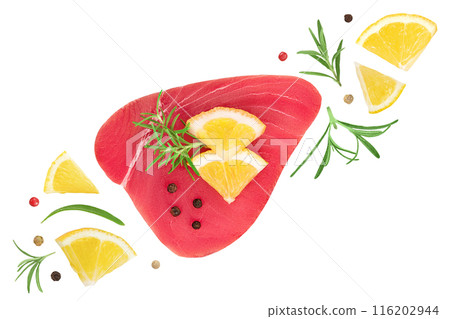 Fresh tuna fish fillet steak with rosemary, lemon and peppercorns isolated on white background . Top view. Flat lay 116202944