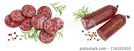 Smoked sausage salami slices isolated on white background with full depth of field. Top view. Flat lay 116202950