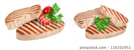 Tuna fish steak grilled isolated on white background with full depth of field Tuna fish steak grilled isolated on white background with full depth of field 116202952