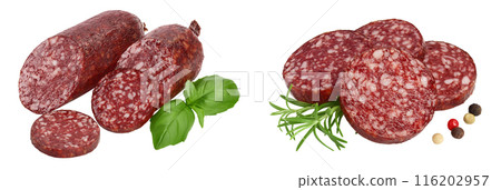 Smoked sausage salami isolated on white background with full depth of field Smoked sausage salami isolated on white background with full depth of field 116202957
