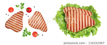 Tuna fish steak grilled isolated on white background with full depth of field, Top view. Flat lay Tuna fish steak grilled isolated on white background with full depth of field, Top view. Flat lay 116202967