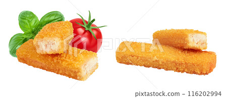 Fish finger or stick isolated on white background with full depth of field 116202994