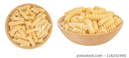 Italian spiral shaped pasta, Fusilli bucati macaroni in wooden bowl, isolated on white background. Top view. Flat lay. 116202998