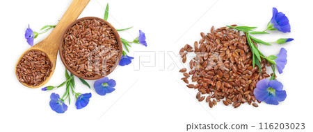 flax seeds with flower in wooden bowl with spoon isolated on white background 116203023