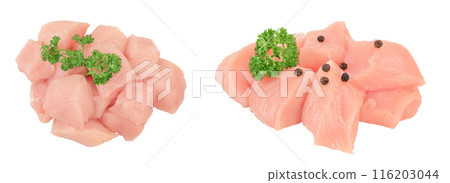 Fresh diced chicken fillet with parsley isolated on white background with full depth of field. Top view. Flat lay 116203044
