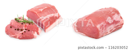 Raw pork meat with rosemary and peppercorn isolated on white background Raw pork meat with rosemary and peppercorn isolated on white background 116203052