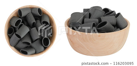 Black pasta with cuttlefish ink in wooden bowl isolated on white background. Top view. Flat lay Black pasta with cuttlefish ink in wooden bowl isolated on white background. Top view. Flat lay 116203095