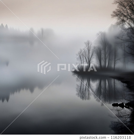A tranquil lakeside scene shrouded in morning mist A tranquil lakeside scene shrouded in morning mist 116203118