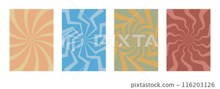 distorted groovy hippie backgrounds. swirl, twirl patterns. set of backgrounds in trendy retro style. Vector illustration 116203126