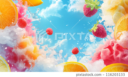水果清爽甜點夏季藍天多彩背景 116203133