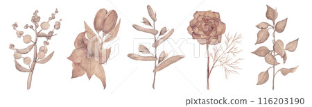 Fantasy flowers. Flower border. Watercolor illustration in vintage style. The set is ideal for posters, fabric design, wallpaper, tableware and other products Fantasy flowers. Flower border. Watercolor illustration in vintage style. The set is ideal for posters, fabric design, wallpaper, tableware and other products 116203190