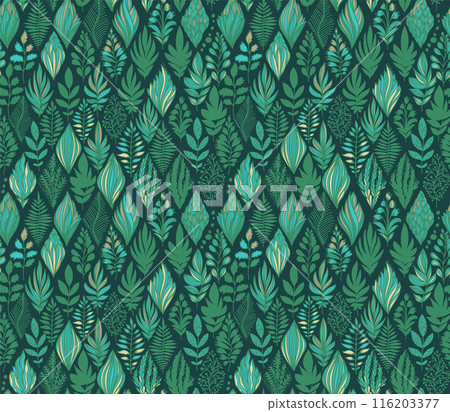 Doodled botany plants seamless repeat pattern. Seamless wallpaper Blue leaves graphic. hand drawing. Not AI, Vector illustration 116203377