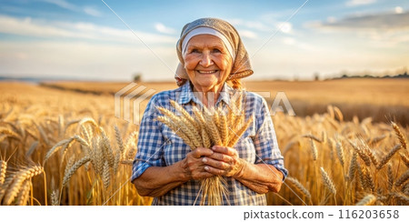 An old woman farmer with wheat in hands. Generative ai. An old woman farmer with wheat in hands. Generative ai. 116203658