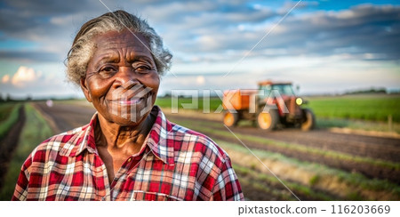 A portrait of an old woman farmer in the field. Generative ai. 116203669