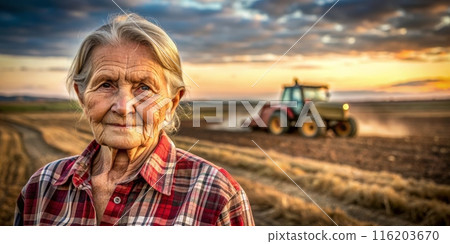A portrait of an old woman farmer in the field. Generative ai. 116203670