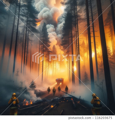 Firefighters in the wood. Generative ai. 116203675