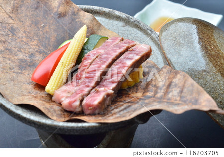 熟牛排和時令蔬菜排列在盤子上 熟牛排和時令蔬菜排列在盤子上 116203705