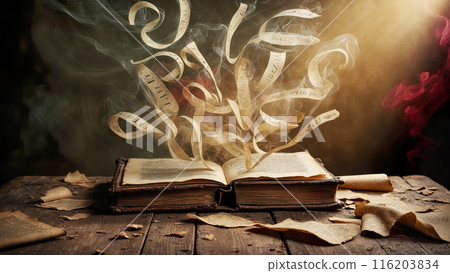 Mystical old book. Open old book indoor. A fairy tale. AI Generated 116203834