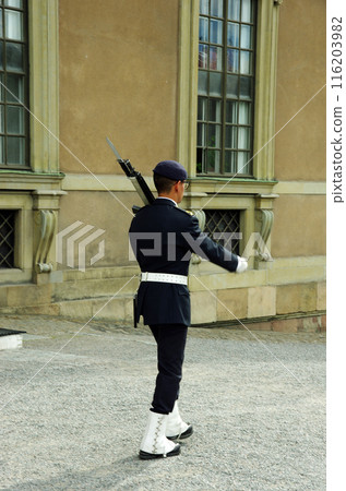 Changing of the guard at the Royal Palace in Stockholm, a medieval sight 116203982