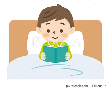 一個男孩喜歡躺在床上讀書的插圖 116204148