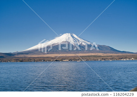 從山中湖看到的晴朗的冬天天空和富士山 116204229
