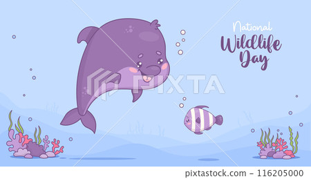 Underwater world with cute dolphin and striped fish. Holiday poster national wildlife day. Horizontal background banner with cartoon kawaii character animal. Vector illustration. Underwater world with cute dolphin and striped fish. Holiday poster national wildlife day. Horizontal background banner with cartoon kawaii character animal. Vector illustration. 116205000
