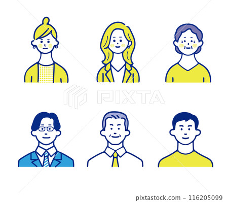 Upper body illustrations of men and women of various generations Upper body illustrations of men and women of various generations 116205099