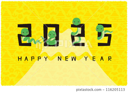 2025 New Year's card: A snake entwined around the number 2025, yellow background, Mt. Fuji 116205113